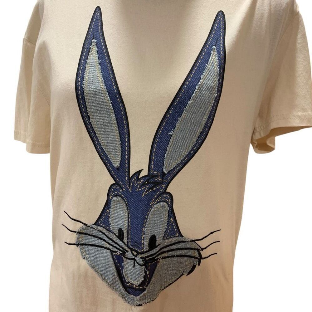 Looney Tunes Vintage  Bugs Bunny Embroidered Denim Off-White T-Shirt Women Small